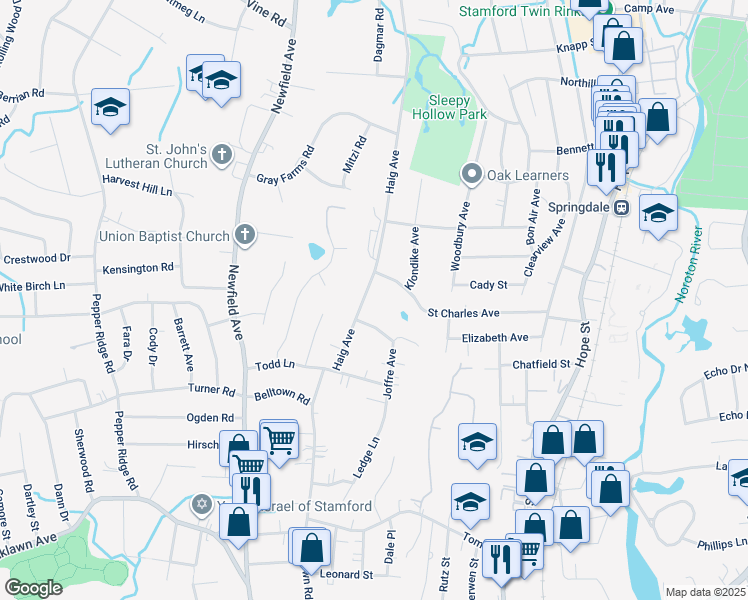 map of restaurants, bars, coffee shops, grocery stores, and more near 83 Haig Avenue in Stamford