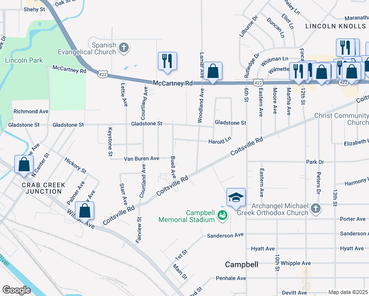 map of restaurants, bars, coffee shops, grocery stores, and more near 33 Monette Street in Campbell