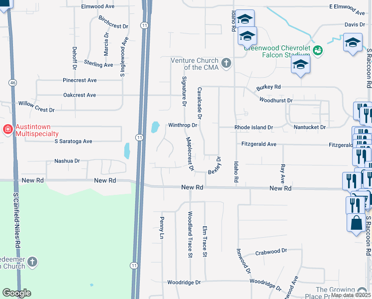 map of restaurants, bars, coffee shops, grocery stores, and more near 1400 Maplecrest Drive in Youngstown