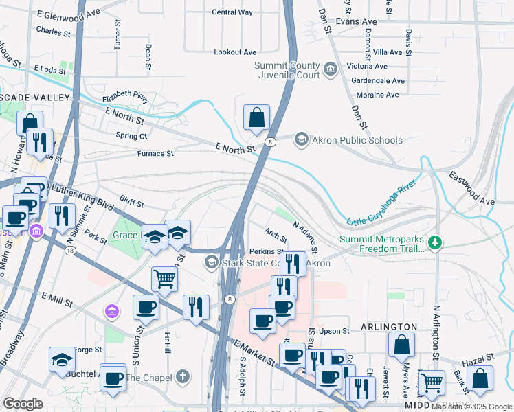 map of restaurants, bars, coffee shops, grocery stores, and more near 347 North Adams Street in Akron