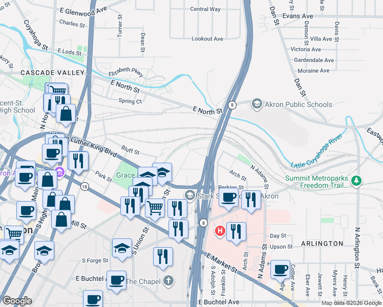 map of restaurants, bars, coffee shops, grocery stores, and more near 187 North Union Street in Akron
