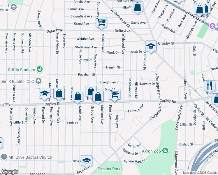 map of restaurants, bars, coffee shops, grocery stores, and more near 900 Baughman Street in Akron