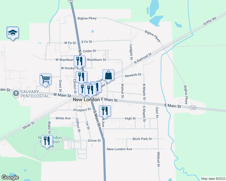 map of restaurants, bars, coffee shops, grocery stores, and more near 2 North Railroad Street in New London