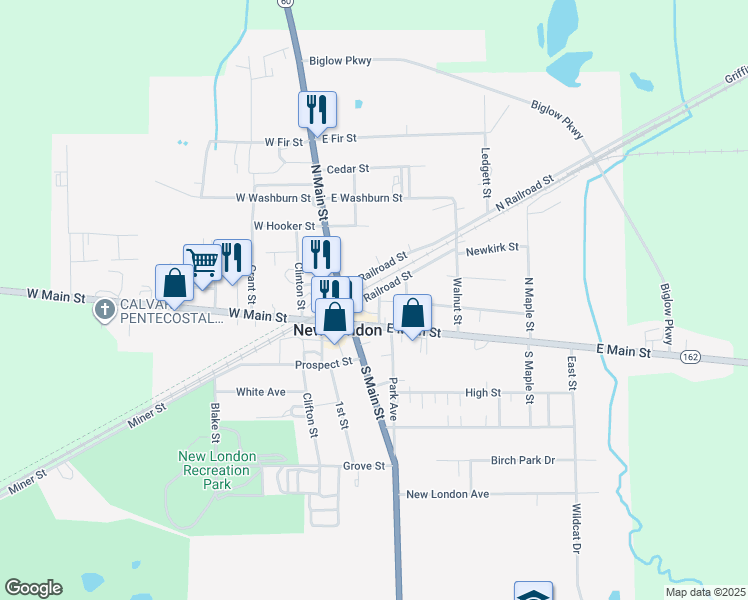 map of restaurants, bars, coffee shops, grocery stores, and more near 51 North Railroad Street in New London