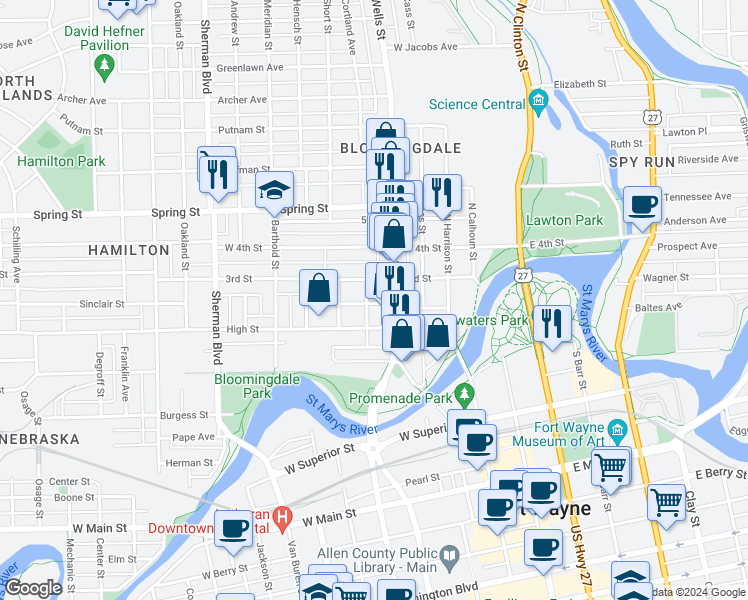 map of restaurants, bars, coffee shops, grocery stores, and more near 1321 North Wells Street in Fort Wayne