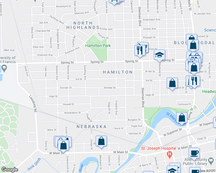 map of restaurants, bars, coffee shops, grocery stores, and more near 1225 3rd Street in Fort Wayne