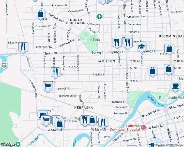 map of restaurants, bars, coffee shops, grocery stores, and more near 1329 3rd Street in Fort Wayne