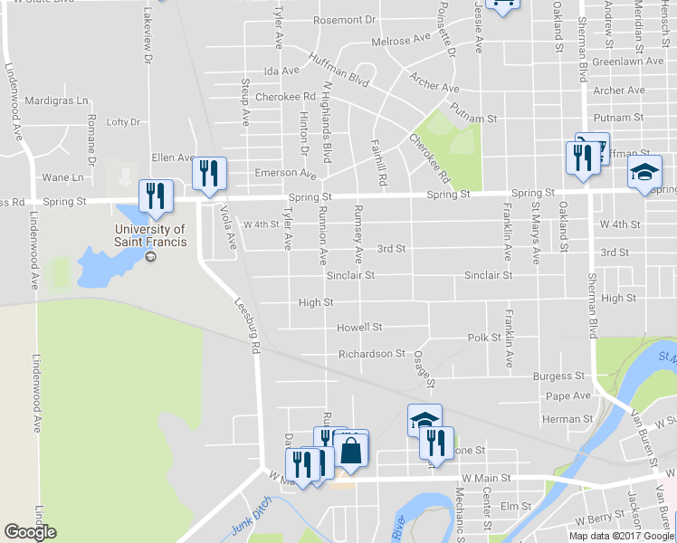 map of restaurants, bars, coffee shops, grocery stores, and more near 1727 3rd Street in Fort Wayne