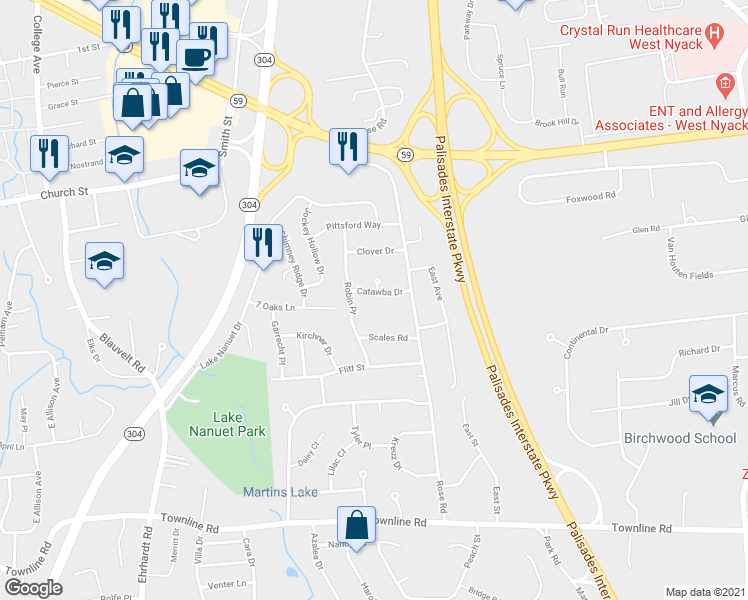 map of restaurants, bars, coffee shops, grocery stores, and more near 9 Catawba Drive in West Nyack