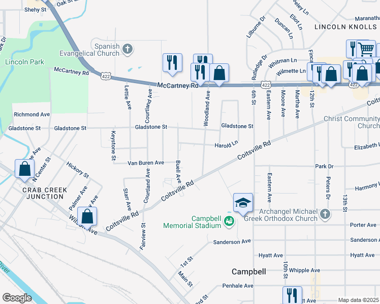 map of restaurants, bars, coffee shops, grocery stores, and more near 33 Monette Street in Campbell