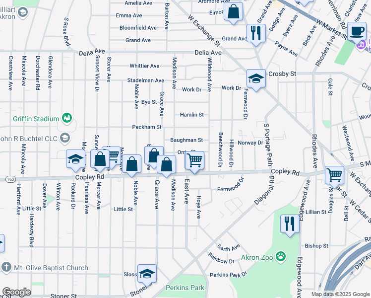 map of restaurants, bars, coffee shops, grocery stores, and more near 900 Baughman Street in Akron