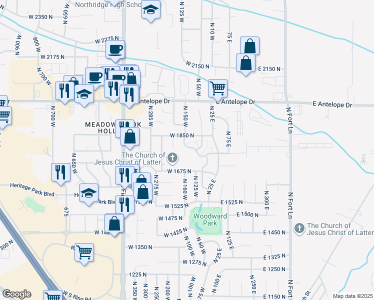 map of restaurants, bars, coffee shops, grocery stores, and more near 1779 North Belvedere Way in Layton