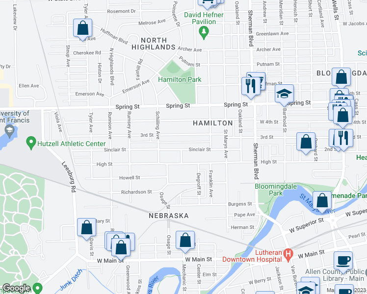 map of restaurants, bars, coffee shops, grocery stores, and more near 1332 Sinclair Street in Fort Wayne