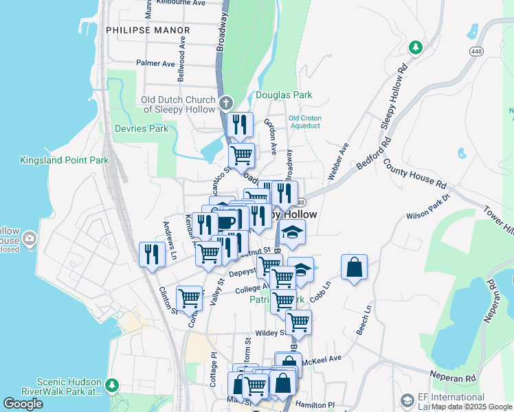 map of restaurants, bars, coffee shops, grocery stores, and more near 43 Lawrence Avenue in Sleepy Hollow