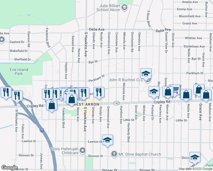 map of restaurants, bars, coffee shops, grocery stores, and more near 797 Roslyn Avenue in Akron