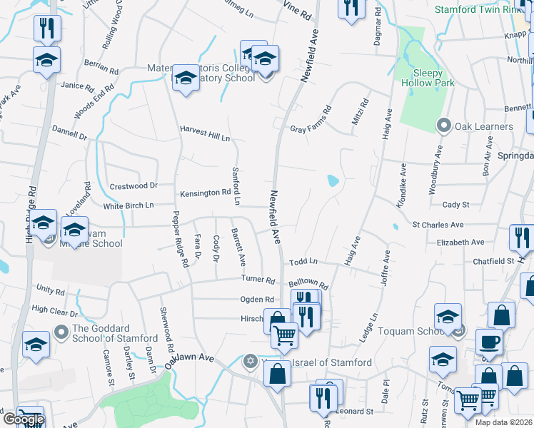 map of restaurants, bars, coffee shops, grocery stores, and more near 777 Newfield Avenue in Stamford