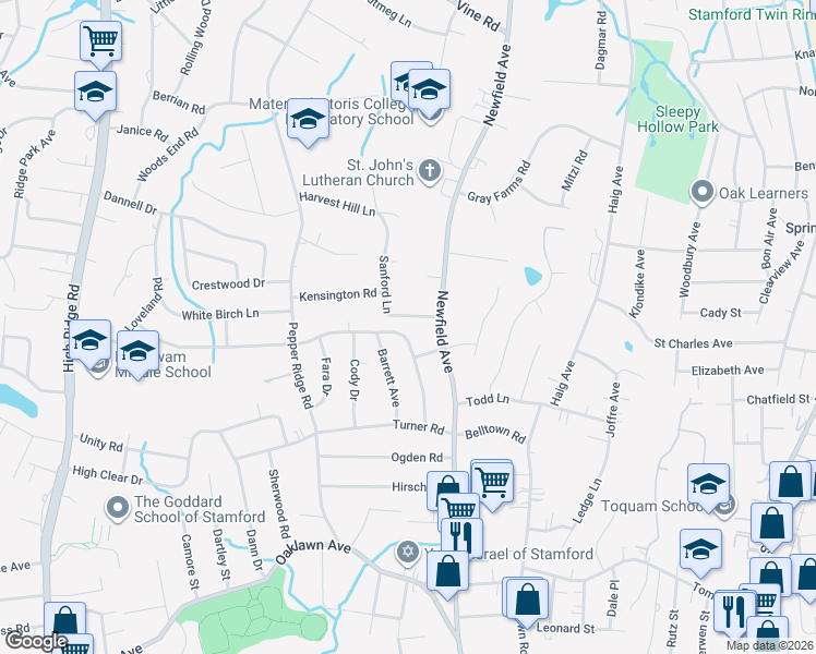map of restaurants, bars, coffee shops, grocery stores, and more near 35 Sanford Lane in Stamford
