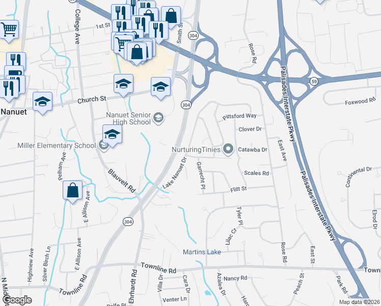 map of restaurants, bars, coffee shops, grocery stores, and more near 14 Cupsaw Court in Nanuet