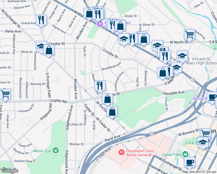 map of restaurants, bars, coffee shops, grocery stores, and more near 227 South Balch Street in Akron