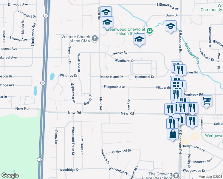 map of restaurants, bars, coffee shops, grocery stores, and more near 4659 Fitzgerald Avenue in Youngstown