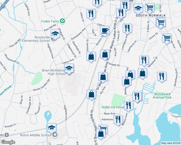 map of restaurants, bars, coffee shops, grocery stores, and more near 6 Riordan Street in Norwalk