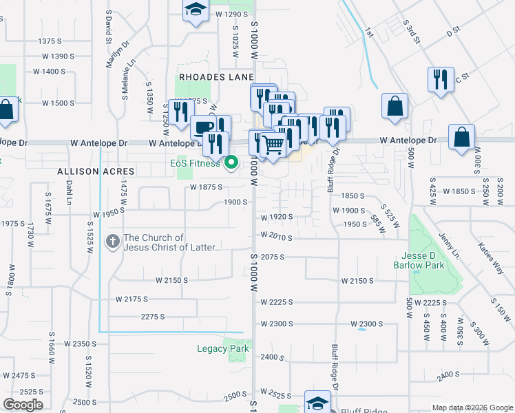 map of restaurants, bars, coffee shops, grocery stores, and more near West 1910 North in Clinton