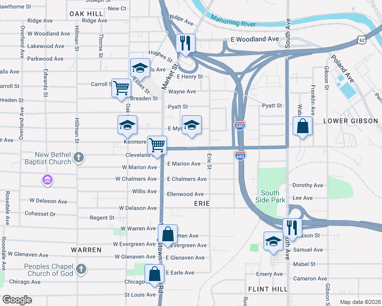 map of restaurants, bars, coffee shops, grocery stores, and more near 40 Williamson Avenue in Youngstown