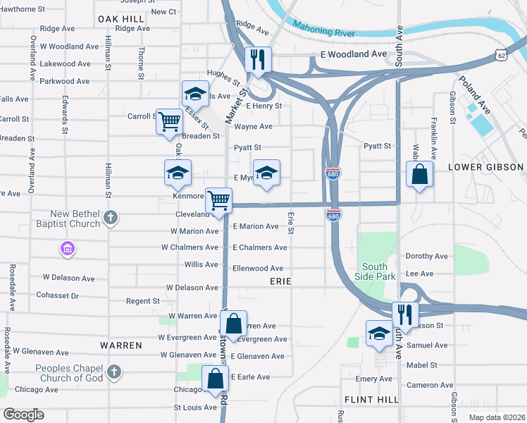 map of restaurants, bars, coffee shops, grocery stores, and more near 40 Williamson Avenue in Youngstown