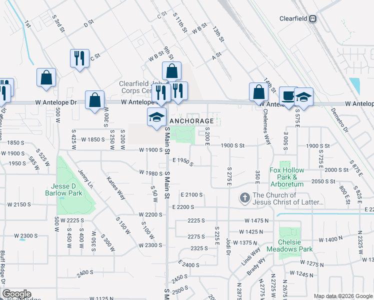 map of restaurants, bars, coffee shops, grocery stores, and more near 1900 South 100 West in Clearfield