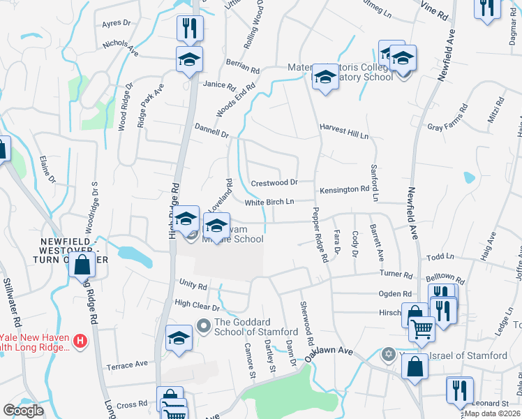 map of restaurants, bars, coffee shops, grocery stores, and more near 65 White Birch Lane in Stamford
