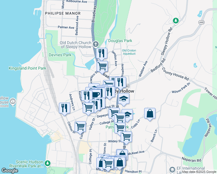 map of restaurants, bars, coffee shops, grocery stores, and more near 43 Lawrence Avenue in Sleepy Hollow
