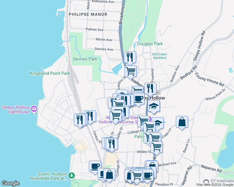 map of restaurants, bars, coffee shops, grocery stores, and more near 42 Howard Street in Sleepy Hollow