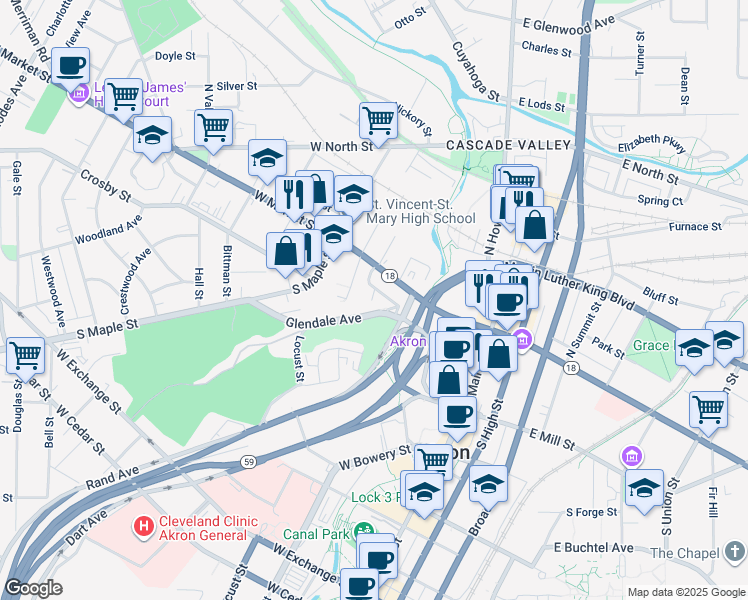 map of restaurants, bars, coffee shops, grocery stores, and more near 4 South Bates Street in Akron