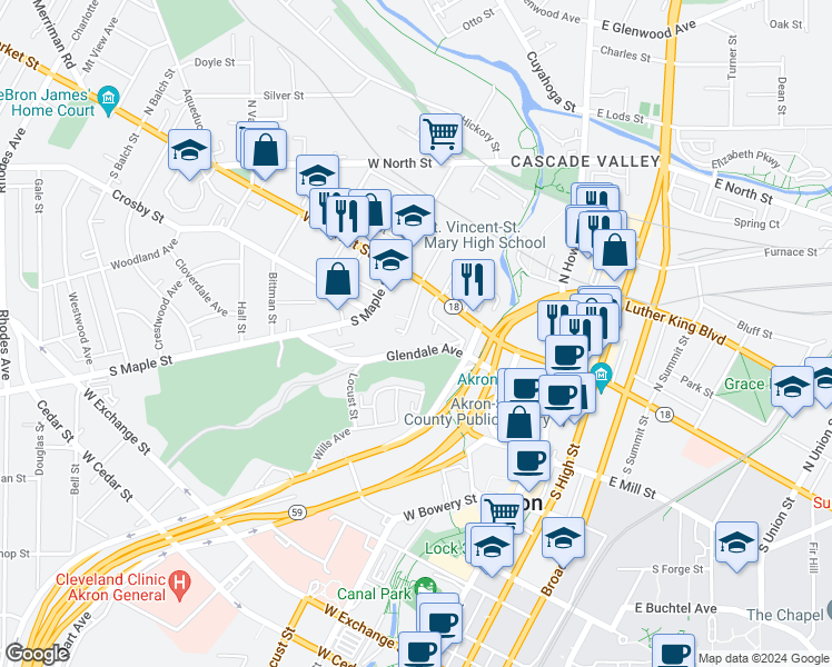 map of restaurants, bars, coffee shops, grocery stores, and more near 4 South Bates Street in Akron