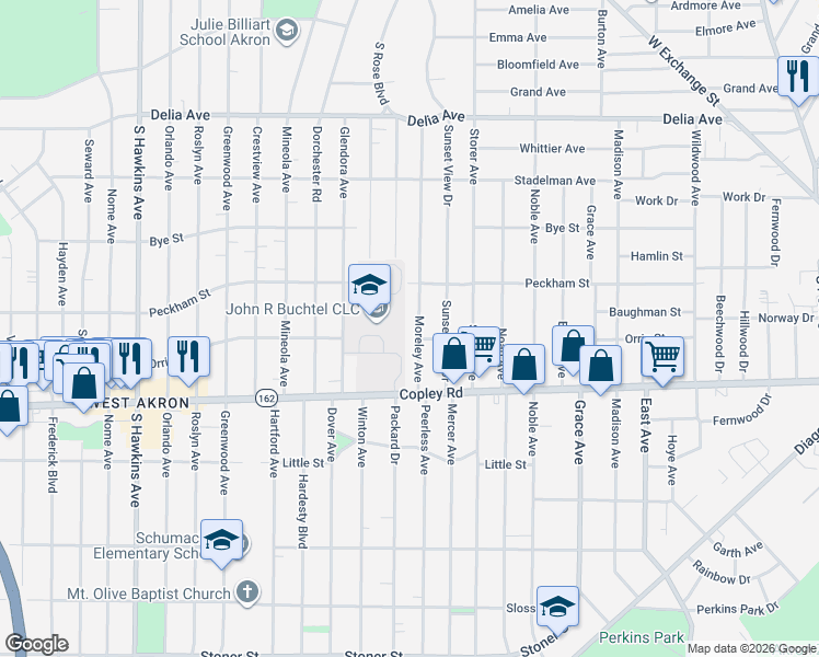 map of restaurants, bars, coffee shops, grocery stores, and more near 1040 Copley Road in Akron