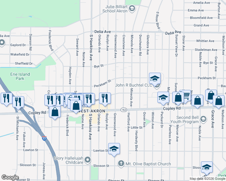 map of restaurants, bars, coffee shops, grocery stores, and more near 797 Roslyn Avenue in Akron