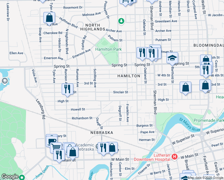 map of restaurants, bars, coffee shops, grocery stores, and more near 1329 3rd Street in Fort Wayne