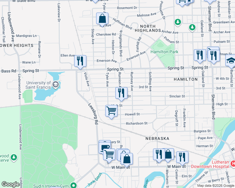 map of restaurants, bars, coffee shops, grocery stores, and more near 1825 3rd Street in Fort Wayne