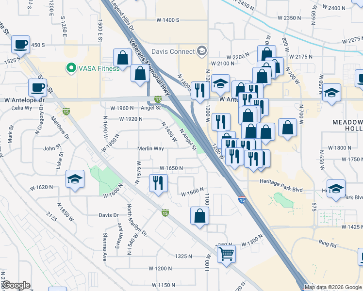 map of restaurants, bars, coffee shops, grocery stores, and more near 1420 Merlin Way in Layton