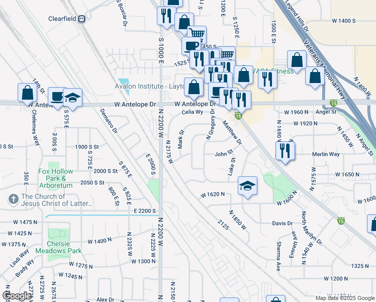 map of restaurants, bars, coffee shops, grocery stores, and more near 2040 Clara Street in Layton
