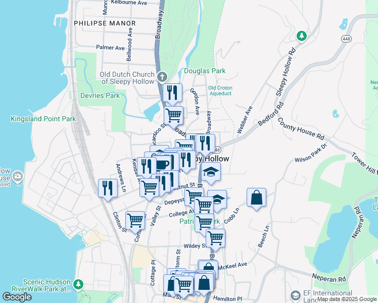 map of restaurants, bars, coffee shops, grocery stores, and more near 30 Lawrence Avenue in Sleepy Hollow