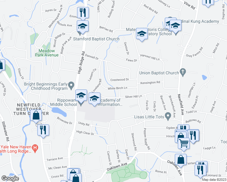 map of restaurants, bars, coffee shops, grocery stores, and more near 65 White Birch Lane in Stamford
