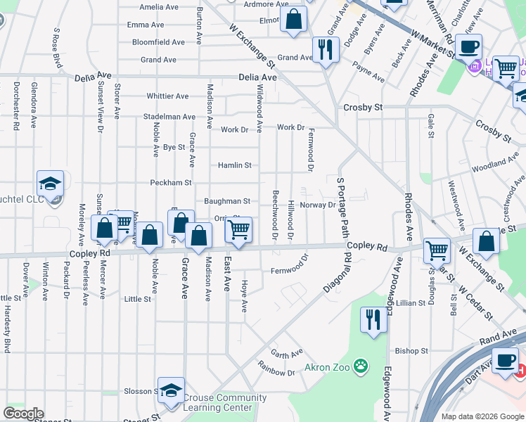 map of restaurants, bars, coffee shops, grocery stores, and more near 421 Wildwood Avenue in Akron
