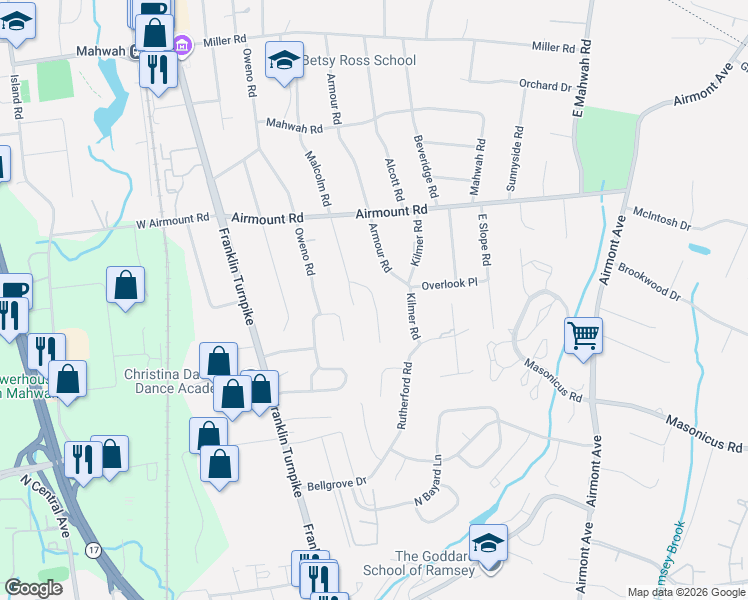 map of restaurants, bars, coffee shops, grocery stores, and more near 126 Armour Road in Mahwah