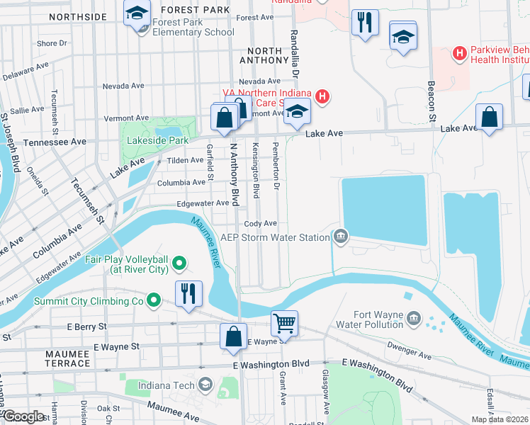 map of restaurants, bars, coffee shops, grocery stores, and more near 1126 Kensington Boulevard in Fort Wayne