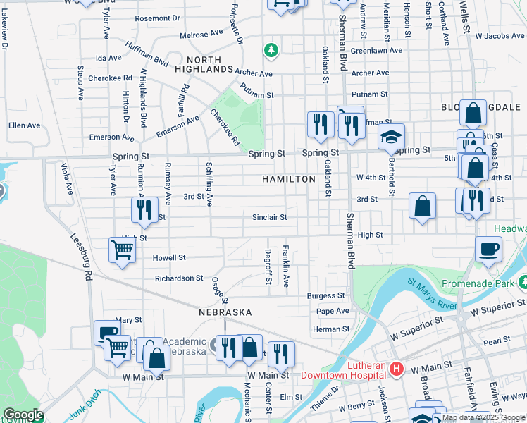 map of restaurants, bars, coffee shops, grocery stores, and more near 1306 Sinclair Street in Fort Wayne