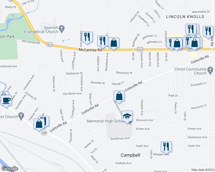 map of restaurants, bars, coffee shops, grocery stores, and more near 61 Woodland Avenue in Campbell