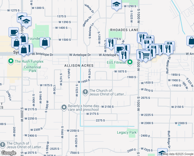 map of restaurants, bars, coffee shops, grocery stores, and more near 1927 South 1375 West in Syracuse