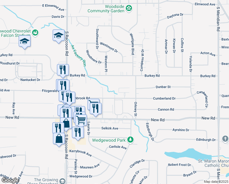 map of restaurants, bars, coffee shops, grocery stores, and more near 4206 Pembrook Road in Youngstown