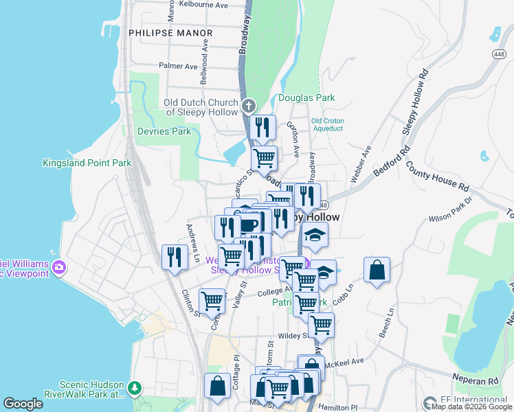 map of restaurants, bars, coffee shops, grocery stores, and more near 291 North Washington Street in Sleepy Hollow